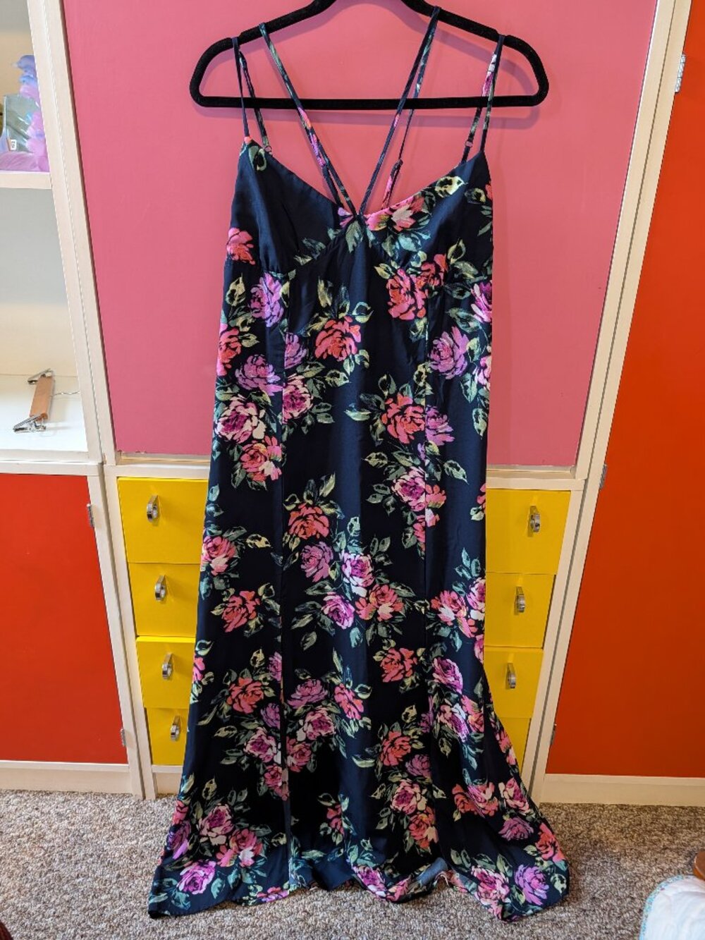 Xhilaration Navy Floral Maxi Dress | Double Strap | Ruffle Hem | Size M
